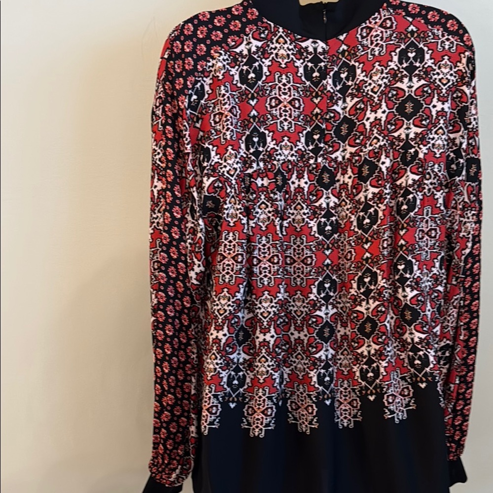 REISS Maisie Patchwork Long Sleeve Printed Blouse Black & Red Career Size 6 - Picture 11 of 14